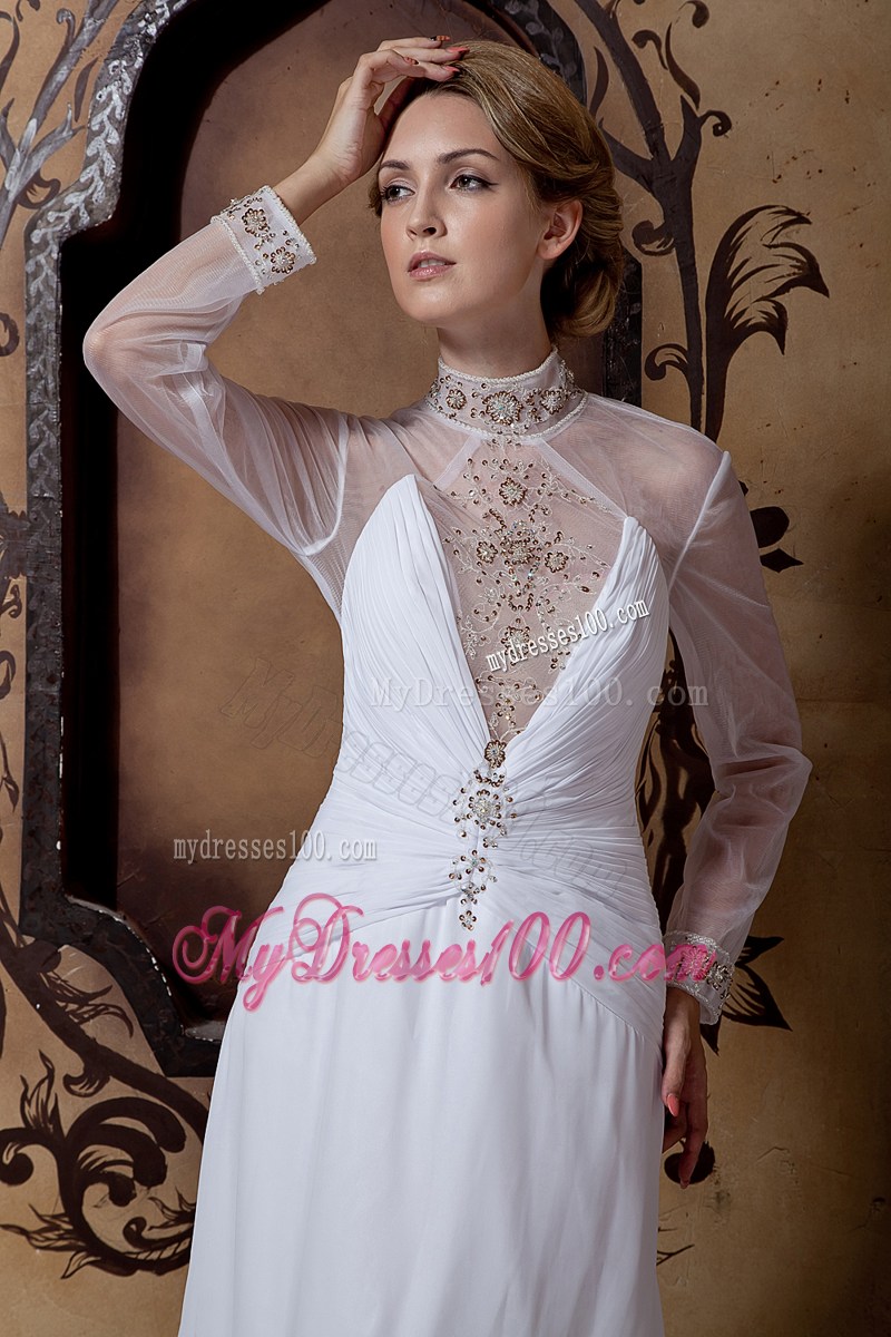 Sheer High-neck Long Sleeves Slit Brush Train Back Out Bridal Dress