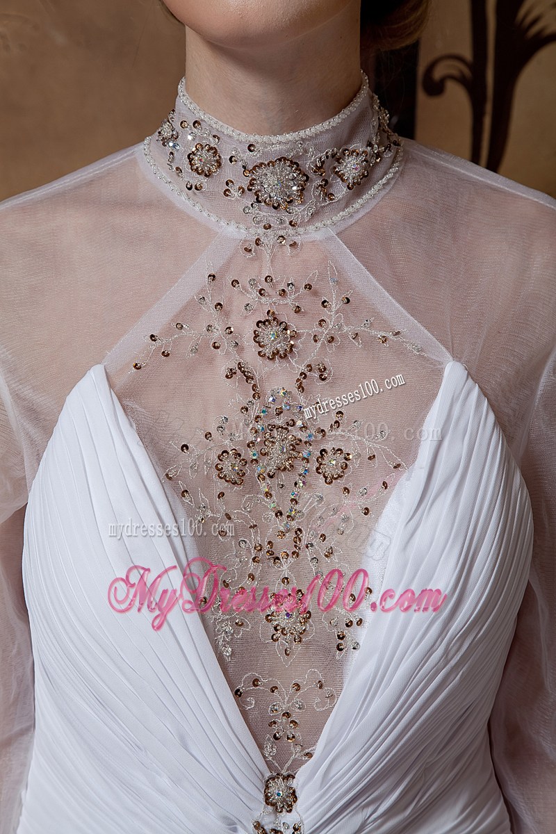 Sheer High-neck Long Sleeves Slit Brush Train Back Out Bridal Dress