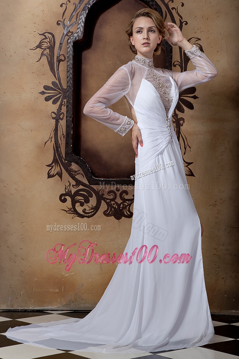 Sheer High-neck Long Sleeves Slit Brush Train Back Out Bridal Dress