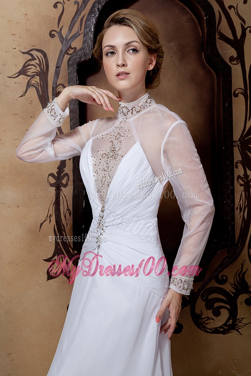 Sheer High-neck Long Sleeves Slit Brush Train Back Out Bridal Dress