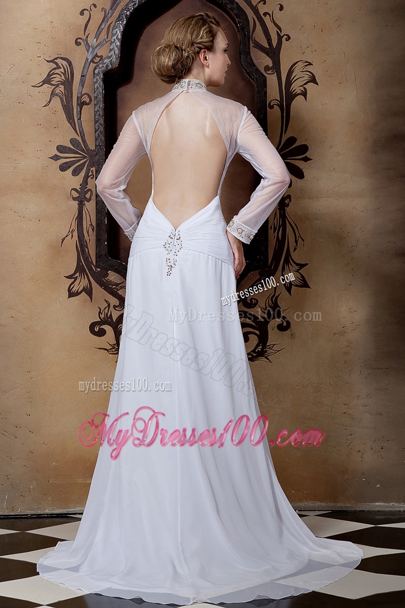 Sheer High-neck Long Sleeves Slit Brush Train Back Out Bridal Dress