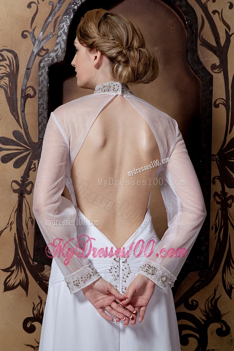 Sheer High-neck Long Sleeves Slit Brush Train Back Out Bridal Dress
