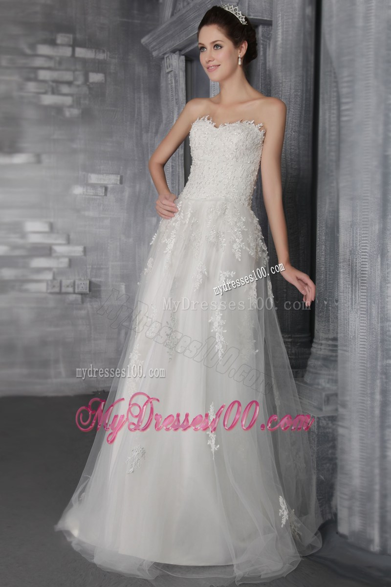 Sweetheart Strapless Brush Train White Wedding Gown with Appliques