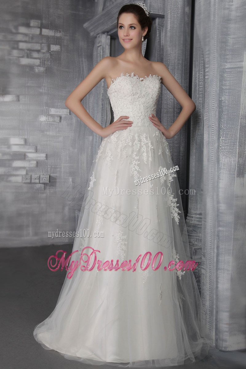 Sweetheart Strapless Brush Train White Wedding Gown with Appliques