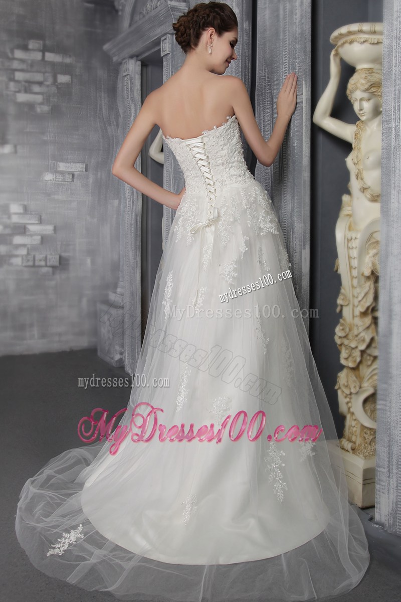 Sweetheart Strapless Brush Train White Wedding Gown with Appliques