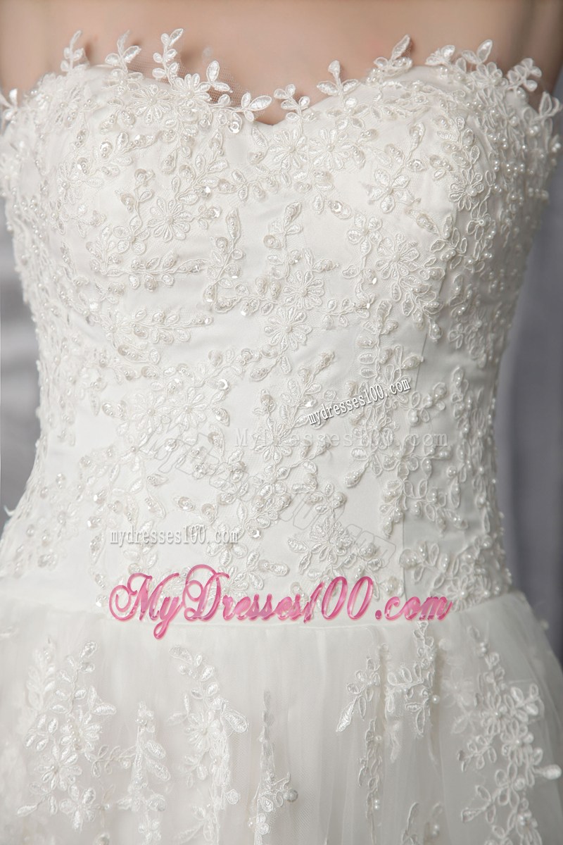 Sweetheart Strapless Brush Train White Wedding Gown with Appliques