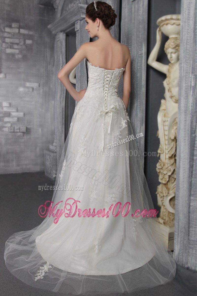 Sweetheart Strapless Brush Train White Wedding Gown with Appliques