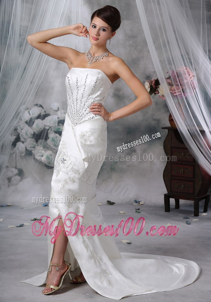 Beaded and Appliqued Trumpet Slitted Wedding Gown with Court Train