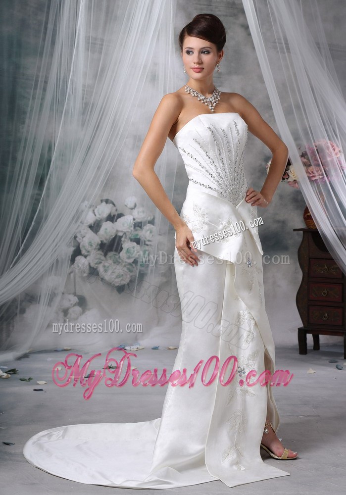Beaded and Appliqued Trumpet Slitted Wedding Gown with Court Train