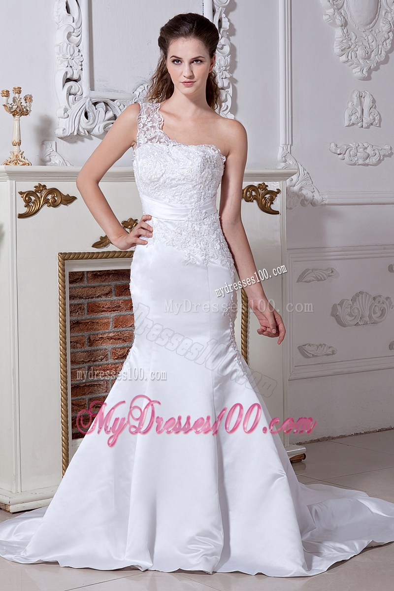 Beautiful Mermaid One Shoulder Court Train Beading Wedding Dress