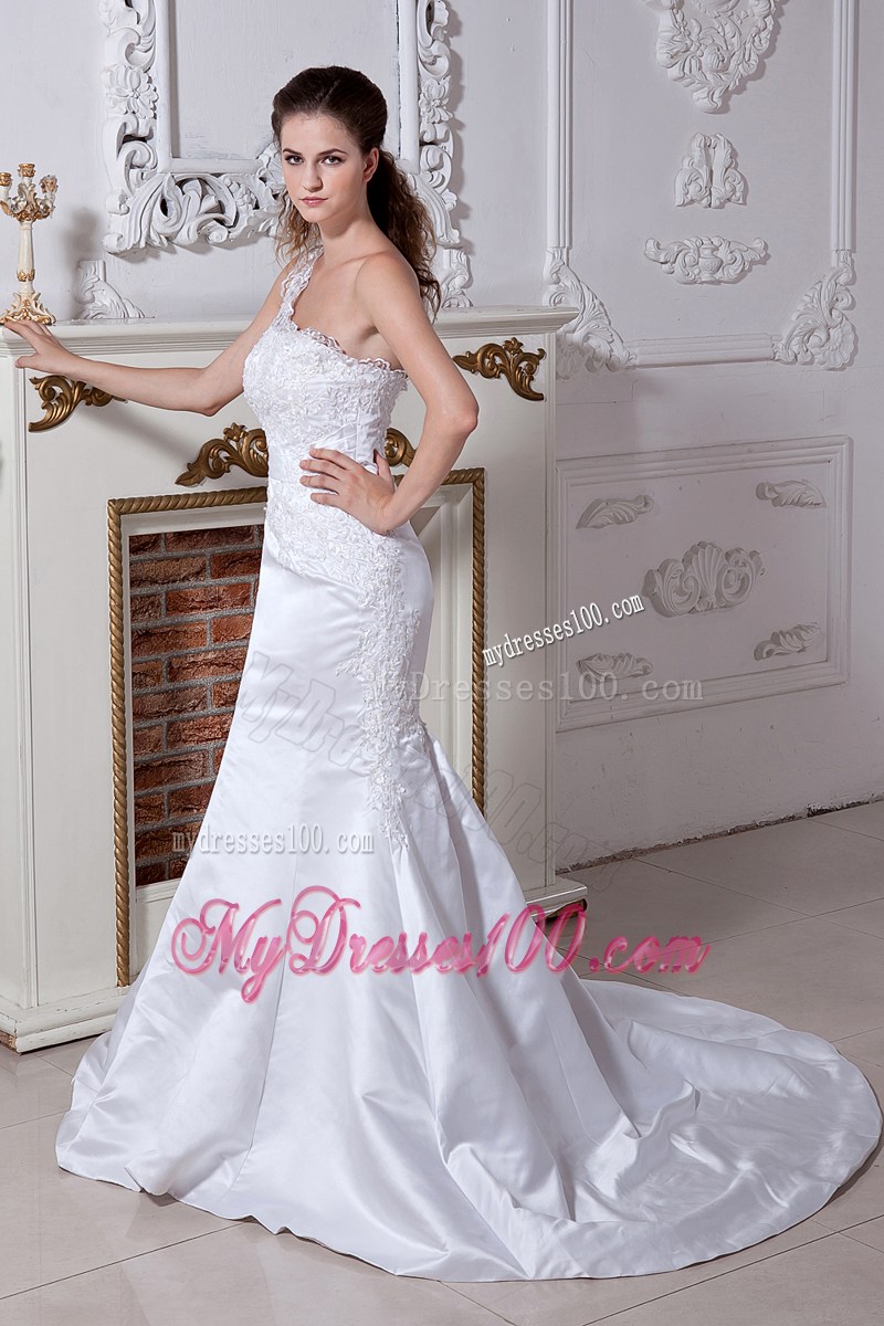 Beautiful Mermaid One Shoulder Court Train Beading Wedding Dress