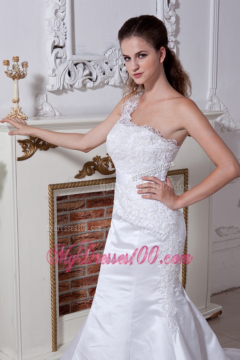 Beautiful Mermaid One Shoulder Court Train Beading Wedding Dress
