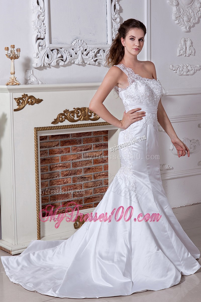 Beautiful Mermaid One Shoulder Court Train Beading Wedding Dress