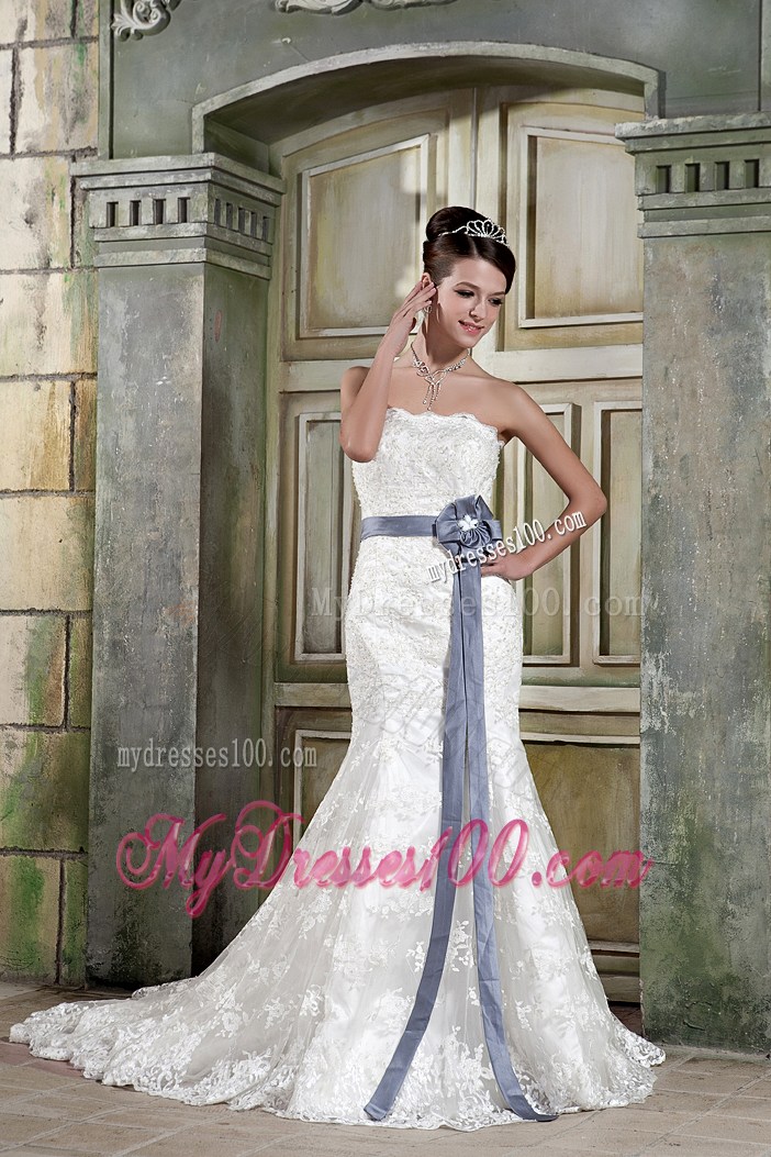 White Lace Mermaid Court Train Wedding Gown with Grey Bowknot Sash