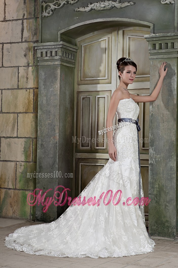 White Lace Mermaid Court Train Wedding Gown with Grey Bowknot Sash