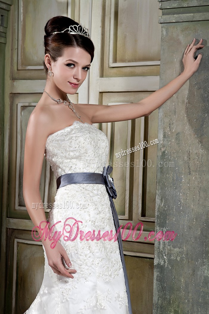White Lace Mermaid Court Train Wedding Gown with Grey Bowknot Sash