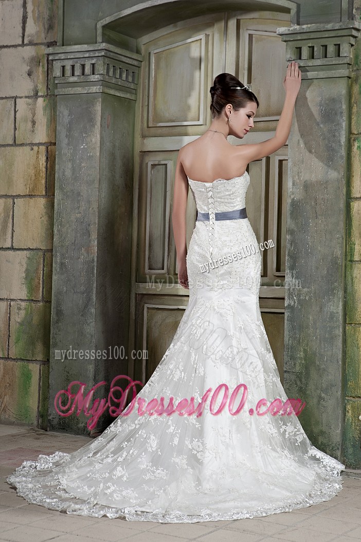White Lace Mermaid Court Train Wedding Gown with Grey Bowknot Sash