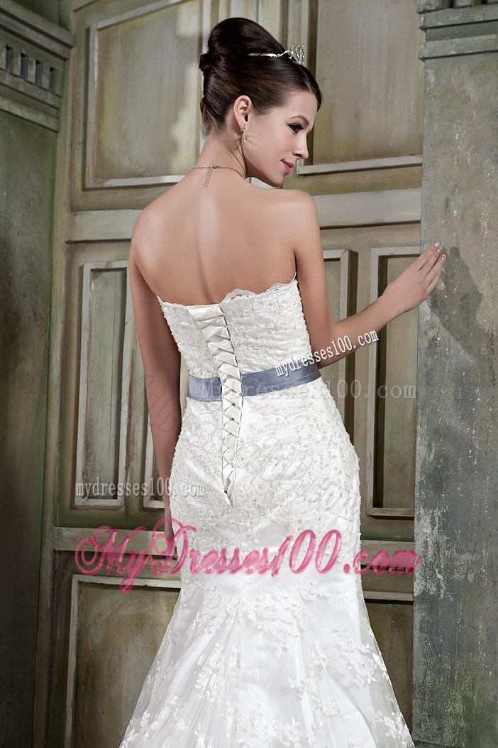 White Lace Mermaid Court Train Wedding Gown with Grey Bowknot Sash