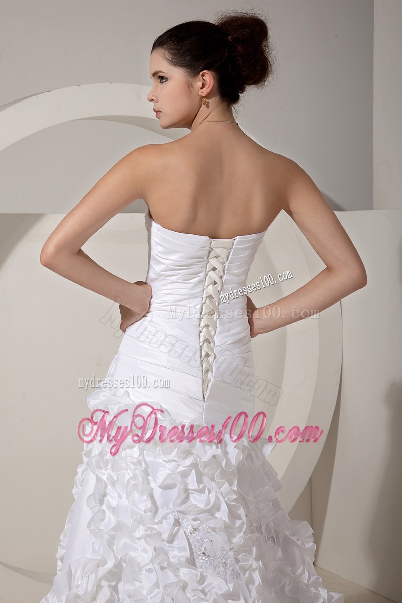Handmade Flower Ruffles Strapless White Wedding Gown with Beading