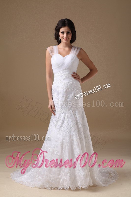 Sheer Wide Straps Trumpet Brush Train Wedding Gown with Lace Hemline