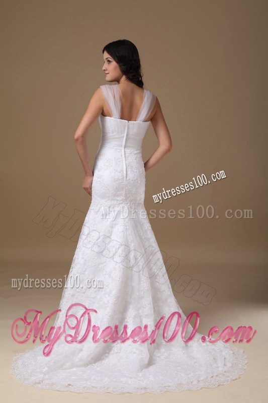 Sheer Wide Straps Trumpet Brush Train Wedding Gown with Lace Hemline