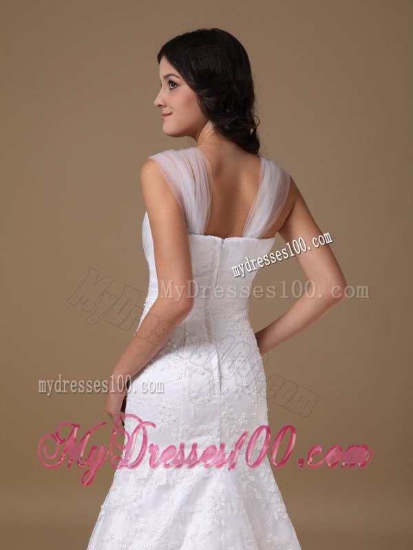 Sheer Wide Straps Trumpet Brush Train Wedding Gown with Lace Hemline