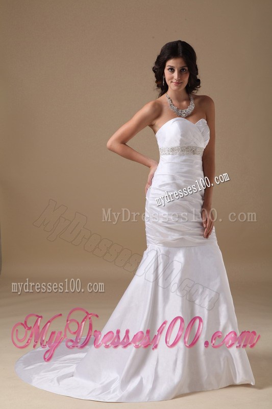 Taffeta Mermaid Sweetheart Court Wedding Gown with Beading and Ruches