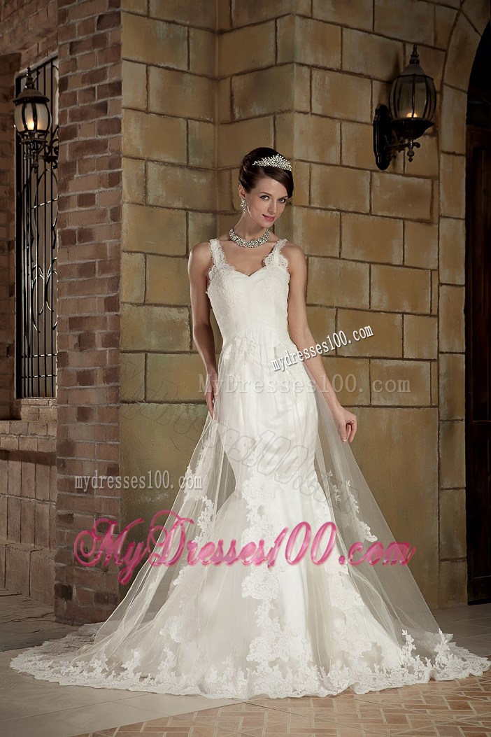 Straps Mermaid Sleeveless Lace Wedding Dresses with Chapel Train