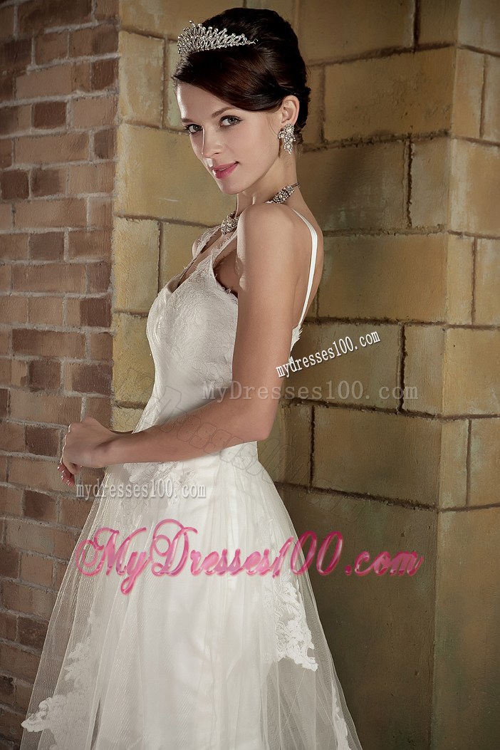 Straps Mermaid Sleeveless Lace Wedding Dresses with Chapel Train
