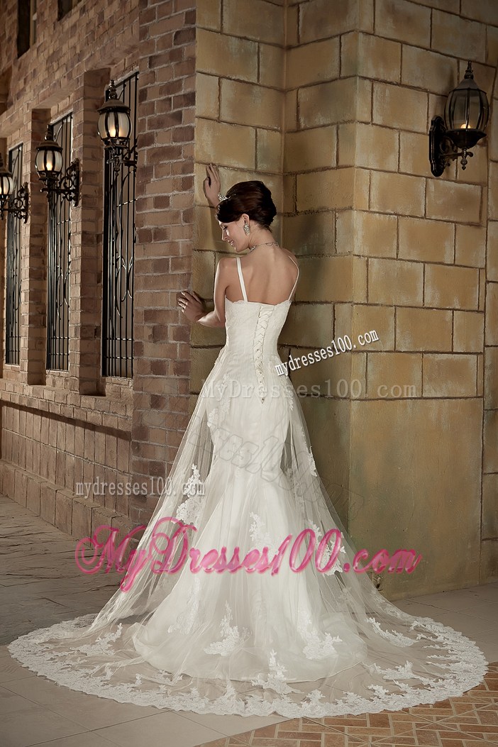 Straps Mermaid Sleeveless Lace Wedding Dresses with Chapel Train