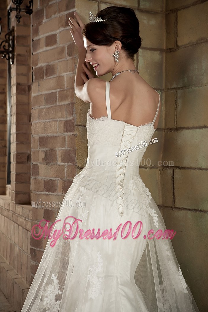 Straps Mermaid Sleeveless Lace Wedding Dresses with Chapel Train