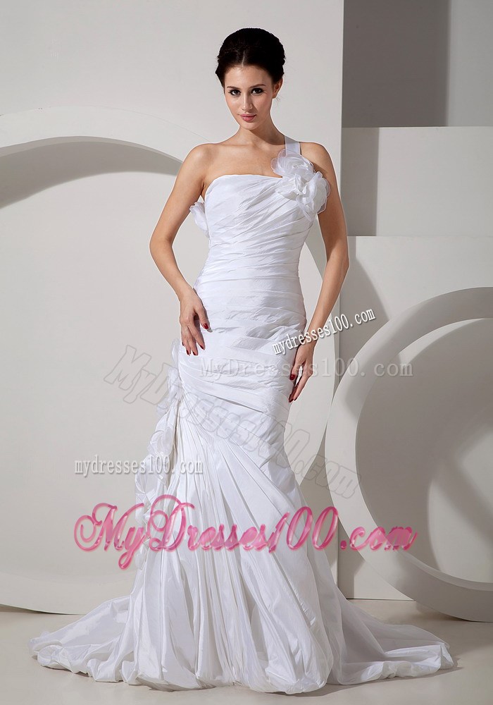 Ruffles Handle Flowers One Shoulder Ruching Sweep Train Wedding Dress
