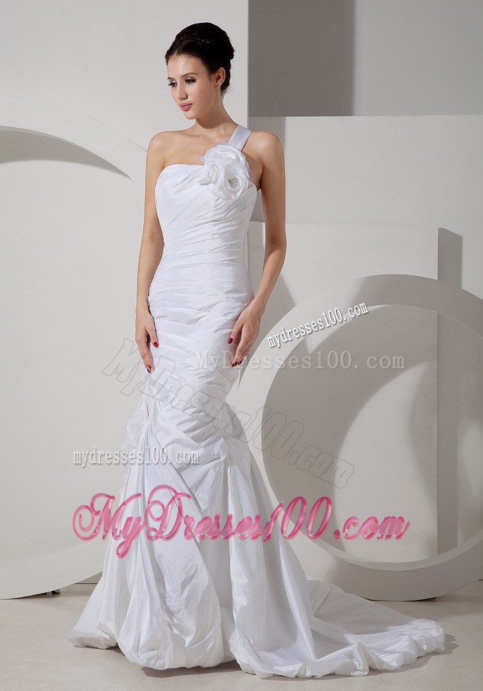 Ruffles Handle Flowers One Shoulder Ruching Sweep Train Wedding Dress