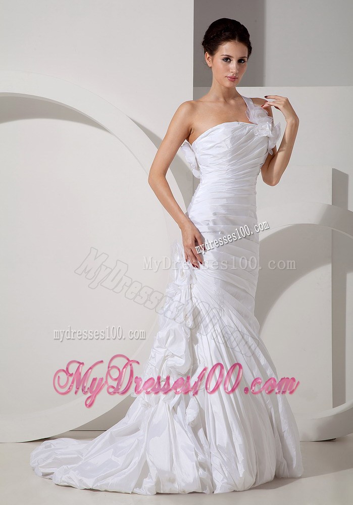 Ruffles Handle Flowers One Shoulder Ruching Sweep Train Wedding Dress