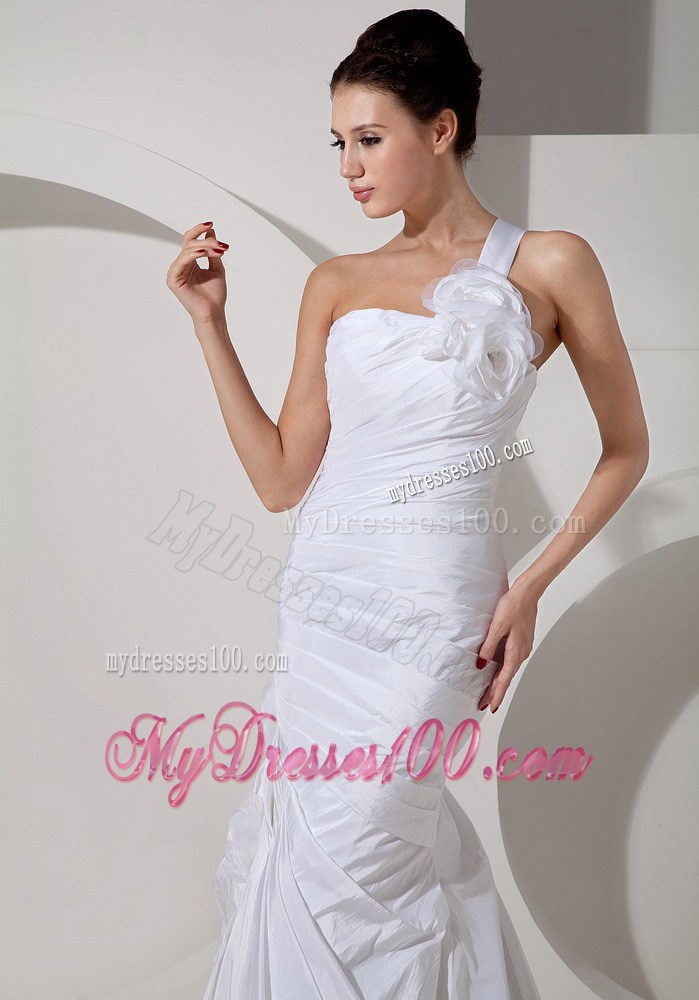 Ruffles Handle Flowers One Shoulder Ruching Sweep Train Wedding Dress
