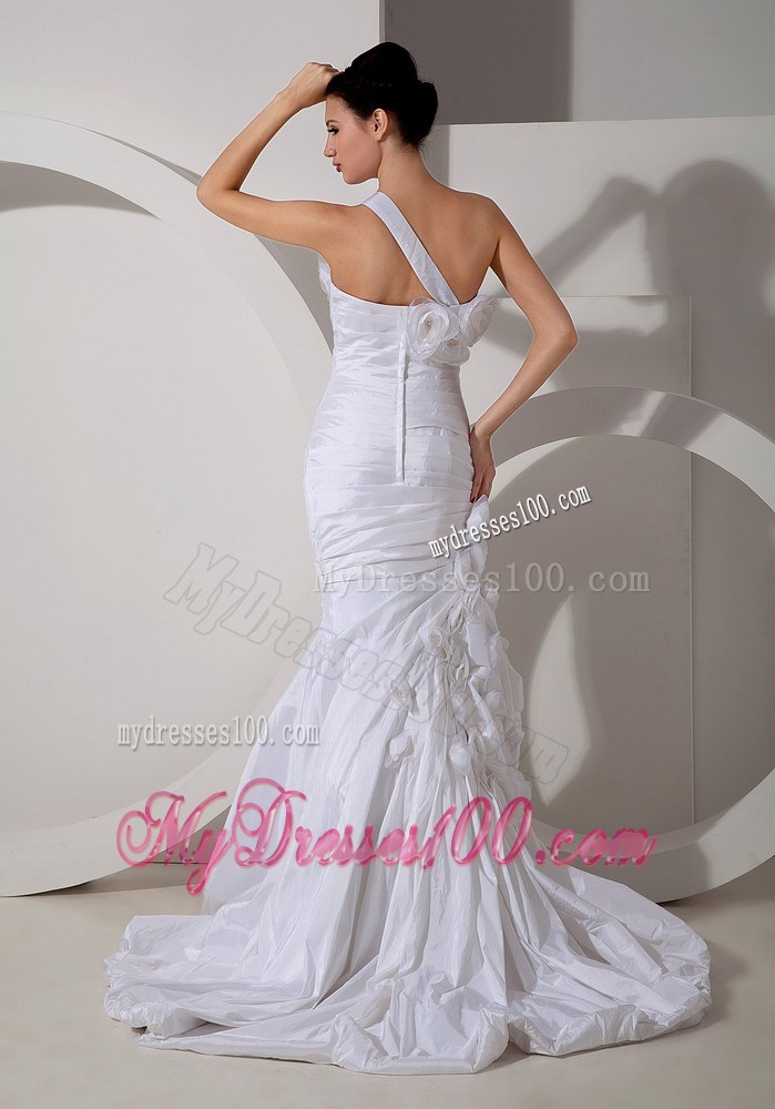 Ruffles Handle Flowers One Shoulder Ruching Sweep Train Wedding Dress