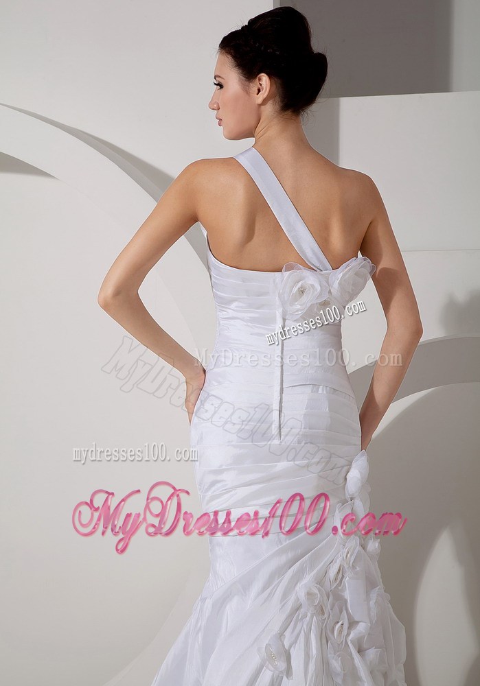 Ruffles Handle Flowers One Shoulder Ruching Sweep Train Wedding Dress