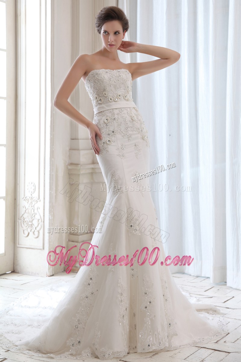 Beading and Appliques Mermaid Strapless Court Train Bridal Dress