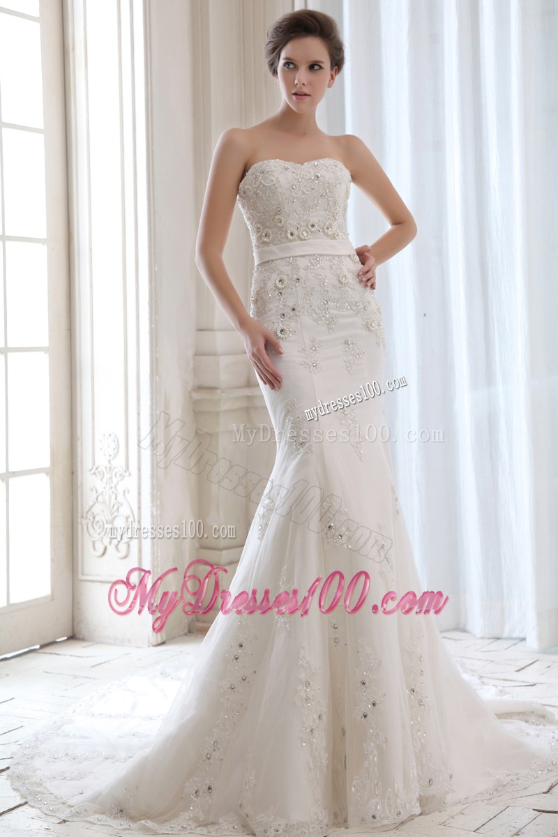 Beading and Appliques Mermaid Strapless Court Train Bridal Dress