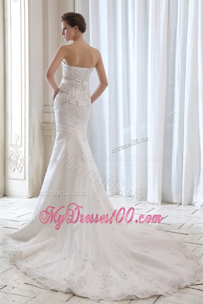 Beading and Appliques Mermaid Strapless Court Train Bridal Dress