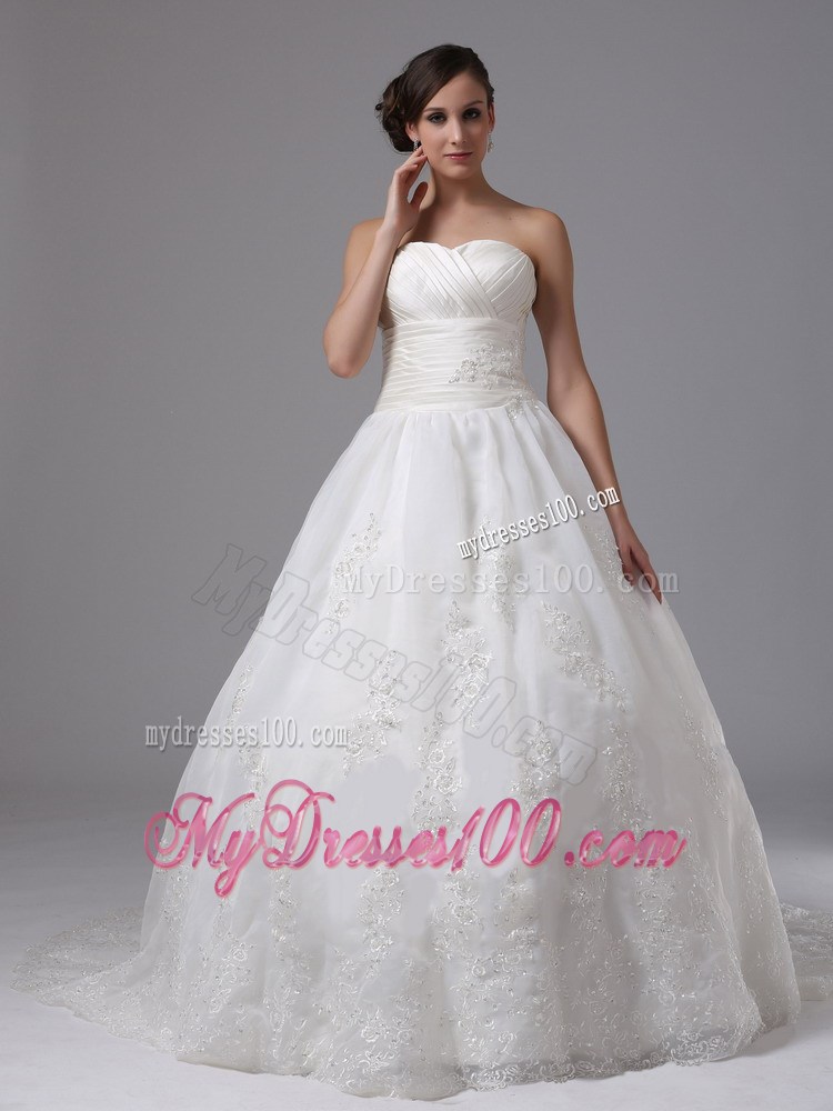 Simple Lace Flowers Sweep Train Ruching and Appliques Wedding Gowns