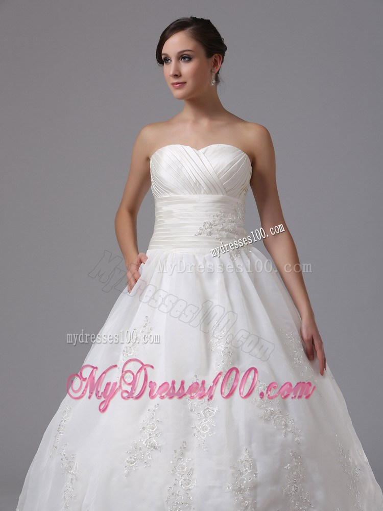 Simple Lace Flowers Sweep Train Ruching and Appliques Wedding Gowns