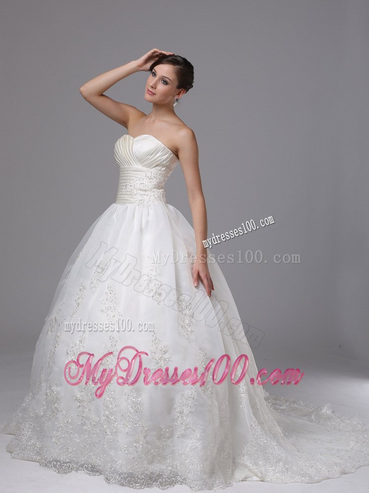Simple Lace Flowers Sweep Train Ruching and Appliques Wedding Gowns