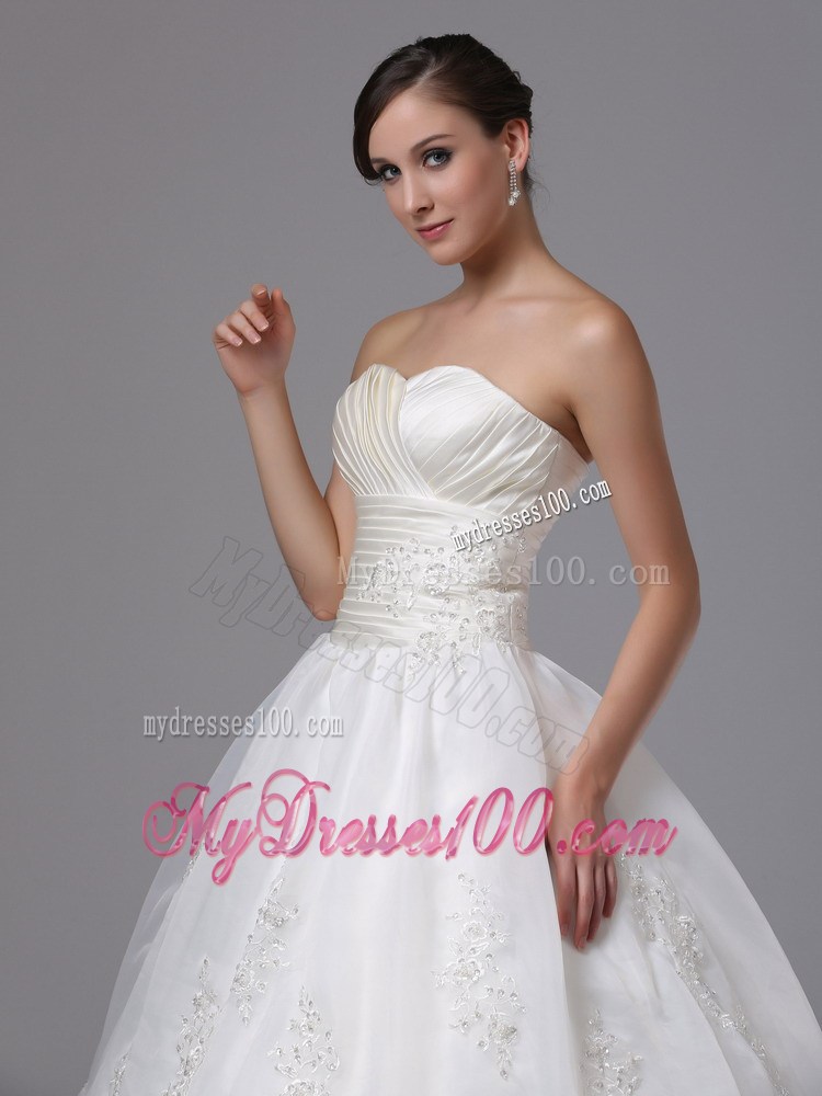 Simple Lace Flowers Sweep Train Ruching and Appliques Wedding Gowns