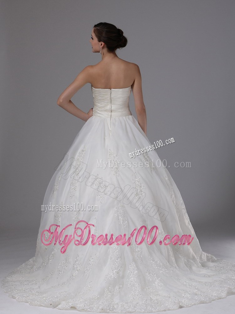 Simple Lace Flowers Sweep Train Ruching and Appliques Wedding Gowns