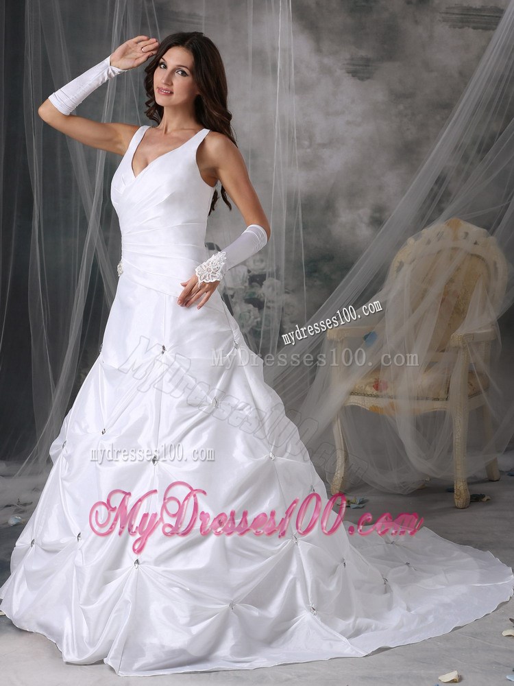2013 V-neck Corset Wedding Dresses with Court Train and Pick-ups