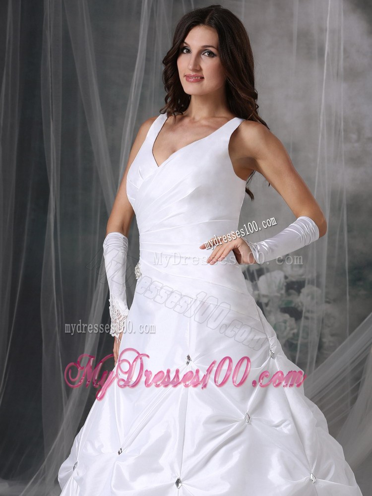 2013 V-neck Corset Wedding Dresses with Court Train and Pick-ups