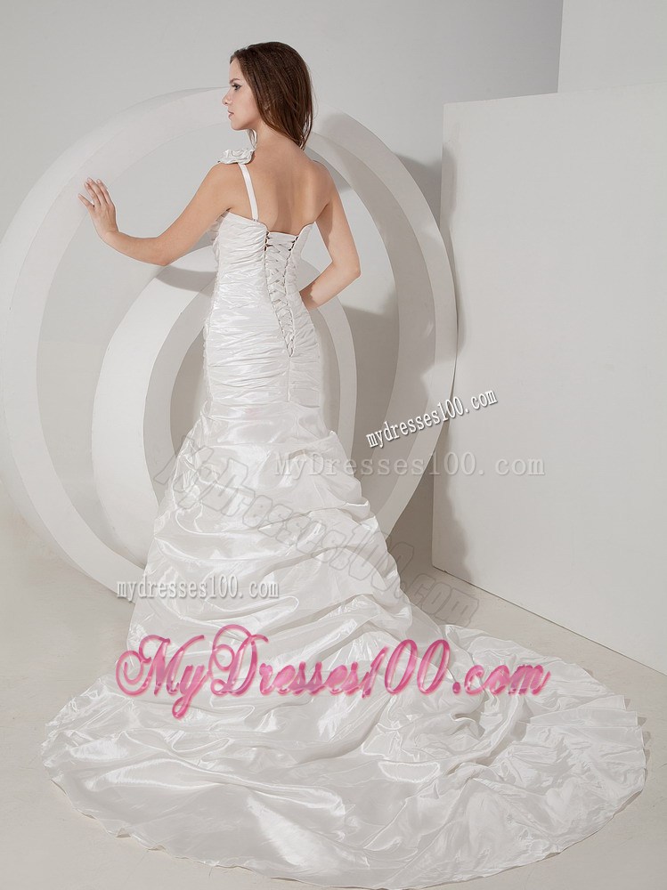 Flowery One Shoulder Mermaid Court Train Wedding Gown with Ruffles