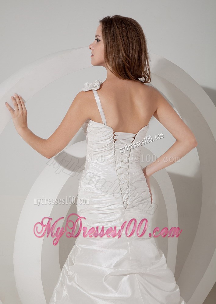 Flowery One Shoulder Mermaid Court Train Wedding Gown with Ruffles