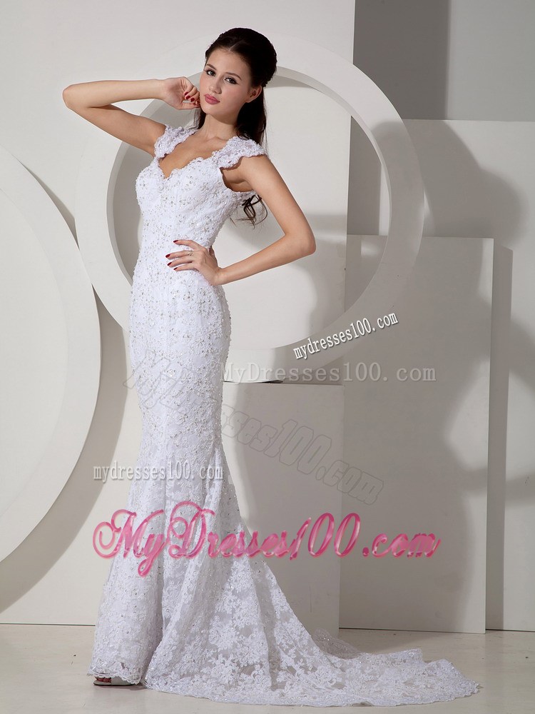 Back Out Lace Flowers Straps Wedding Dress with Brush Train For Lady